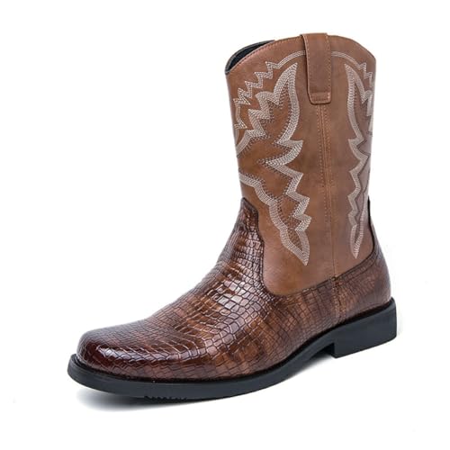 LRMYMHY Herren Square Toe Western Cowboystiefel Distressed Work Boot Retro Casual Pull-Up Mid Calf Boots,Braun,38 EU von LRMYMHY