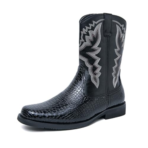 LRMYMHY Herren Square Toe Western Cowboystiefel Distressed Work Boot Retro Casual Pull-Up Mid Calf Boots,Schwarz,45 EU von LRMYMHY