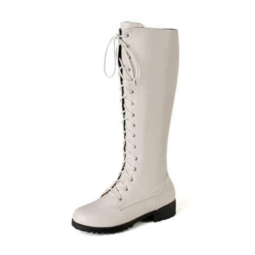 LRMYMHY Kniehohe Reitstiefel für Damen Chunky Heel Hohe Stiefel Militärschuhe zum Schnüren,Beige,36 EU von LRMYMHY