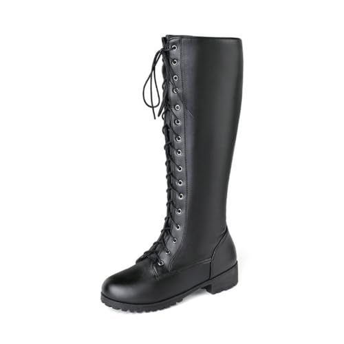 LRMYMHY Kniehohe Reitstiefel für Damen Chunky Heel Hohe Stiefel Militärschuhe zum Schnüren,Schwarz,36 EU von LRMYMHY