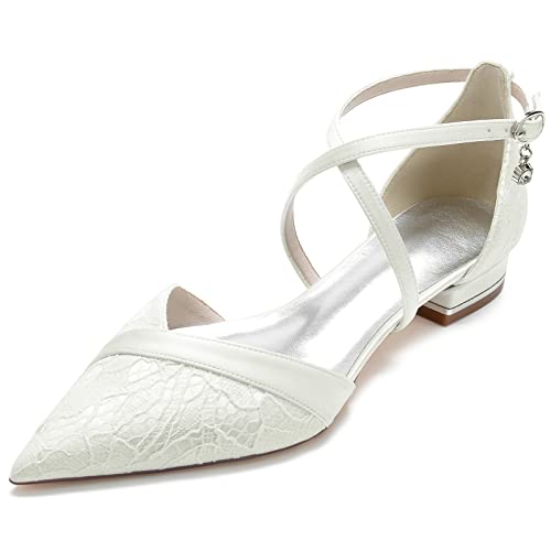LRMYMHY Knöchelriemen Hochzeit Ballerinas Damen Geschlossene Zehe Spitze Satin Flache Brautschuhe Brautjungfer Schuhe,Elfenbein,41 EU von LRMYMHY