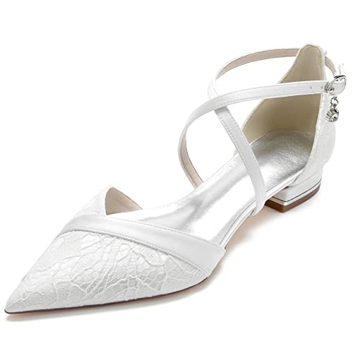 LRMYMHY Knöchelriemen Hochzeit Ballerinas Damen Geschlossene Zehe Spitze Satin Flache Brautschuhe Brautjungfer Schuhe,Weiß,42 EU von LRMYMHY