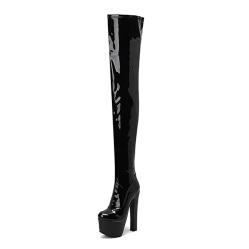 LRMYMHY Overknee Stiefel Stretch Boots Für Damen Mit Plateau Blockabsatz Reißverschluss Hohe Stiefel,Schwarz,46 EU von LRMYMHY