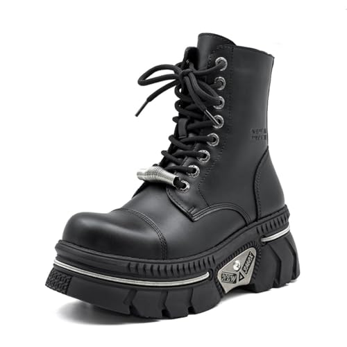 LRMYMHY Plateau Stiefeletten Für Damen Round Toe Lace Up Rave Goth Combat Short Boots,Schwarz,43 EU von LRMYMHY