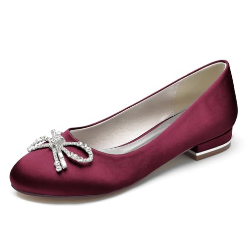 LRMYMHY Satin Hochzeit Schuhe Flache Elfenbein Pumpen Runde Zehen Slip-on Brautschuhe Strass Ballerinas,Burgundy,41 EU von LRMYMHY