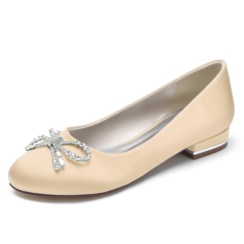 LRMYMHY Satin Hochzeit Schuhe Flache Elfenbein Pumpen Runde Zehen Slip-on Brautschuhe Strass Ballerinas,Champagne,43 EU von LRMYMHY