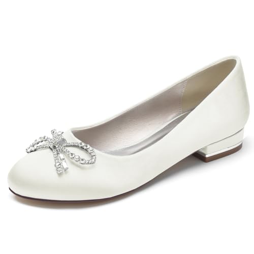 LRMYMHY Satin Hochzeit Schuhe Flache Elfenbein Pumpen Runde Zehen Slip-on Brautschuhe Strass Ballerinas,Elfenbein,38 EU von LRMYMHY