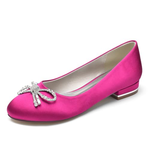 LRMYMHY Satin Hochzeit Schuhe Flache Elfenbein Pumpen Runde Zehen Slip-on Brautschuhe Strass Ballerinas,Fuchsia,39 EU von LRMYMHY