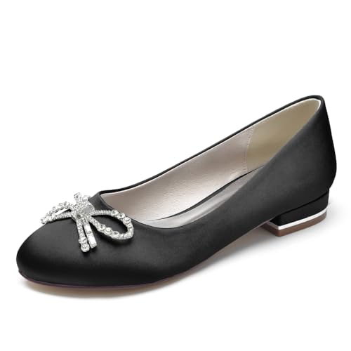 LRMYMHY Satin Hochzeit Schuhe Flache Elfenbein Pumpen Runde Zehen Slip-on Brautschuhe Strass Ballerinas,Schwarz,39 EU von LRMYMHY