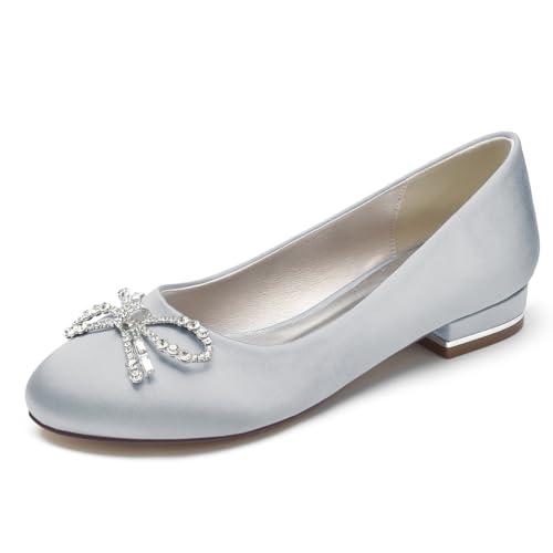 LRMYMHY Satin Hochzeit Schuhe Flache Elfenbein Pumpen Runde Zehen Slip-on Brautschuhe Strass Ballerinas,Silber,39 EU von LRMYMHY