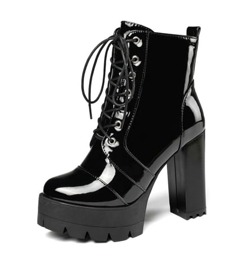 Plateaustiefel für Frauen Chunky Heel Round Toe Lace Up High Heel Ankle Combat Boots,Schwarz,42 EU von LRMYMHY