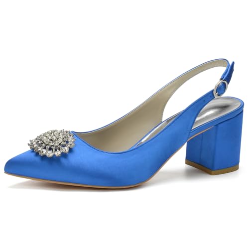 Slingback-Heels Für Frauen Blockabsatz Spitz Geschlossene Zehe Chunky Heel Slip on Brautkleid Schuhe,Blau,39 EU von LRMYMHY