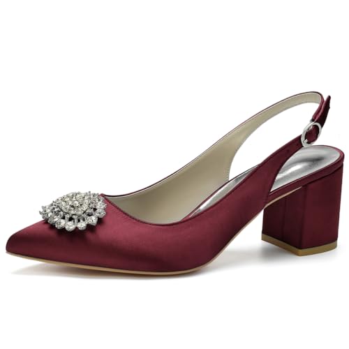 Slingback-Heels Für Frauen Blockabsatz Spitz Geschlossene Zehe Chunky Heel Slip on Brautkleid Schuhe,Burgundy,40 EU von LRMYMHY