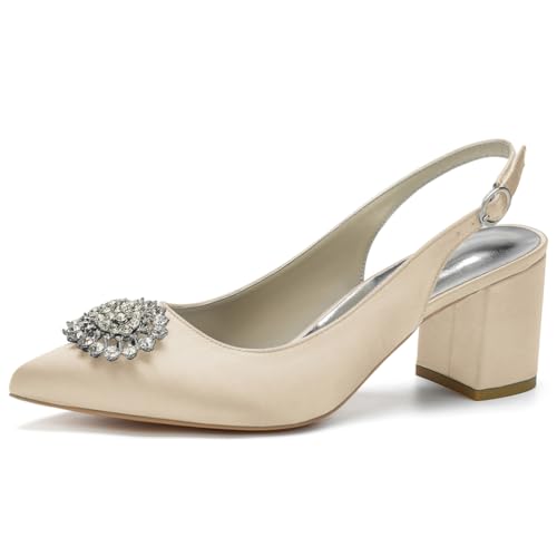 Slingback-Heels Für Frauen Blockabsatz Spitz Geschlossene Zehe Chunky Heel Slip on Brautkleid Schuhe,Champagne,35 EU von LRMYMHY