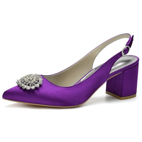 Slingback-Heels Für Frauen Blockabsatz Spitz Geschlossene Zehe Chunky Heel Slip on Brautkleid Schuhe,Dark Purple,37 EU von LRMYMHY