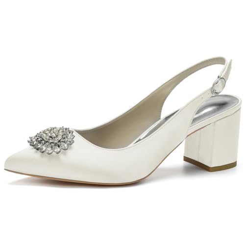 Slingback-Heels Für Frauen Blockabsatz Spitz Geschlossene Zehe Chunky Heel Slip on Brautkleid Schuhe,Elfenbein,39 EU von LRMYMHY