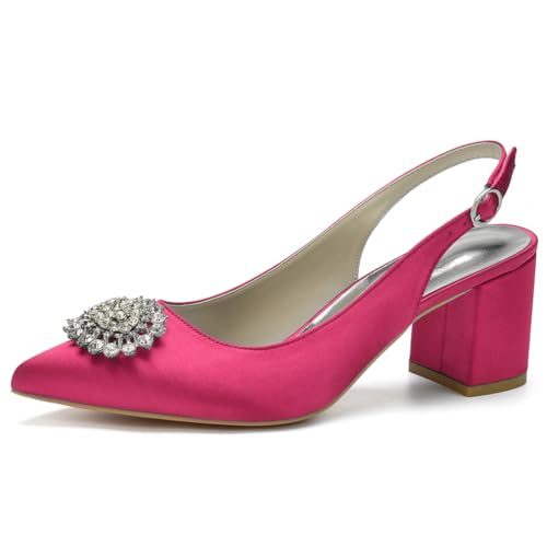 Slingback-Heels Für Frauen Blockabsatz Spitz Geschlossene Zehe Chunky Heel Slip on Brautkleid Schuhe,Fuchsia,42 EU von LRMYMHY