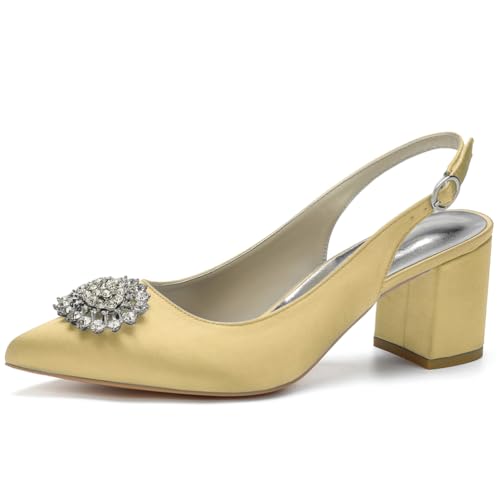 Slingback-Heels Für Frauen Blockabsatz Spitz Geschlossene Zehe Chunky Heel Slip on Brautkleid Schuhe,Gold,35 EU von LRMYMHY