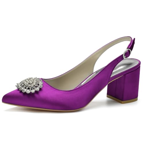 Slingback-Heels Für Frauen Blockabsatz Spitz Geschlossene Zehe Chunky Heel Slip on Brautkleid Schuhe,Lila,35 EU von LRMYMHY