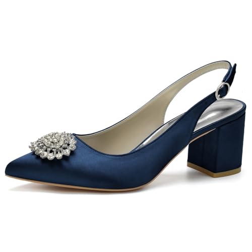 Slingback-Heels Für Frauen Blockabsatz Spitz Geschlossene Zehe Chunky Heel Slip on Brautkleid Schuhe,Marine,36 EU von LRMYMHY