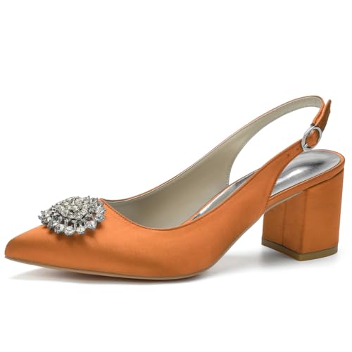 Slingback-Heels Für Frauen Blockabsatz Spitz Geschlossene Zehe Chunky Heel Slip on Brautkleid Schuhe,Orange,36 EU von LRMYMHY