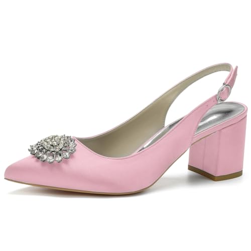 Slingback-Heels Für Frauen Blockabsatz Spitz Geschlossene Zehe Chunky Heel Slip on Brautkleid Schuhe,Rosa,40 EU von LRMYMHY