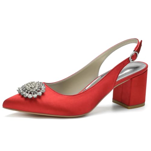 Slingback-Heels Für Frauen Blockabsatz Spitz Geschlossene Zehe Chunky Heel Slip on Brautkleid Schuhe,Rot,40 EU von LRMYMHY