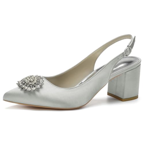 Slingback-Heels Für Frauen Blockabsatz Spitz Geschlossene Zehe Chunky Heel Slip on Brautkleid Schuhe,Silber,40 EU von LRMYMHY