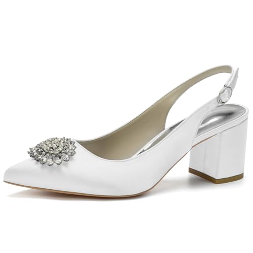 Slingback-Heels Für Frauen Blockabsatz Spitz Geschlossene Zehe Chunky Heel Slip on Brautkleid Schuhe,Weiß,40 EU von LRMYMHY