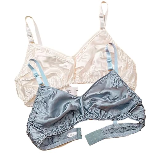 LRSSMB Ultradünne Natürliche Seide 2 Stück Glatter Doppelseitiger Maulbeerseiden BH Weicher Kabelloser Täglicher Bralette-Stütz-BH For Frauen(White Gray,S) von LRSSMB