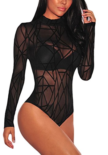 LRUD Frauen Schier Mesh Geometrische SAMT Body Langarm Rollkragen Bluse Oberteile Schwarz Overall, XL, #12 Black von SEBOWEL