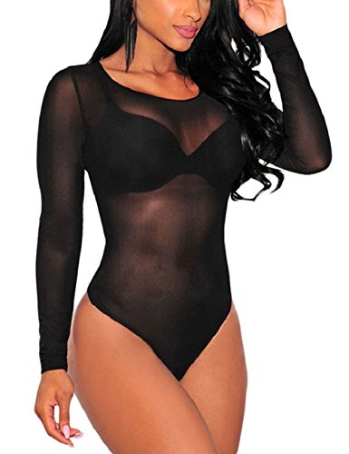 LRUD Fashion Damen Jumpsuit Bodycon Bodysuit Langarm Unterwäsche Stehkragen Outfit Bandage Netzeinsatz Top Overalls Bodys, M, #2 Black von SEBOWEL