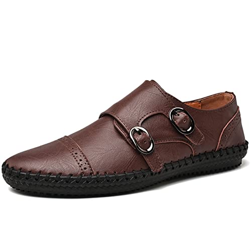 LRUII Loafer-Schuhe, Smoking-Loafer für Herren, echtes Leder, Kappe, Zehennahtdetails, runde Zehenpartie, Monk-Riemen, weich, widerstandsfähig, flexibel, bequem, lässig, zum Hineinschlüpfen von LRUII