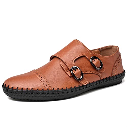 LRUII Loafer-Schuhe, Smoking-Loafer für Herren, echtes Leder, Kappe, Zehennahtdetails, runde Zehenpartie, Monk-Riemen, weich, widerstandsfähig, flexibel, bequem, lässig, zum Hineinschlüpfen von LRUII