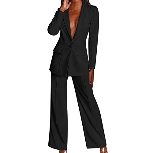 Damen Casual Solid Langarm Anzüge Knopf Mantel Hohe Taille Lange Hose Zweiteiliges Set Übergröße Hosenanzüge für Frauen Dressy Party, Schwarz , XXL von LRWEY