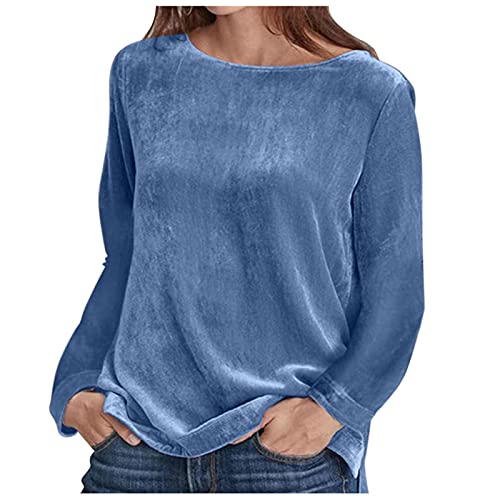 Damen Lose Sweatshirt Einfarbig Casual Top Samt Rundhals Pullover Herbst Winter Langarm Bluse Baumwolle T Shirt Frauen Langarm, blau, 42 von LRWEY