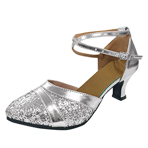 Damen Strass Ballsaal Tanzschuhe Latin Salsa Performance Tanzschuhe Frauen Absatz Sandalen Größe 40, silber, 41.5 EU von LRWEY