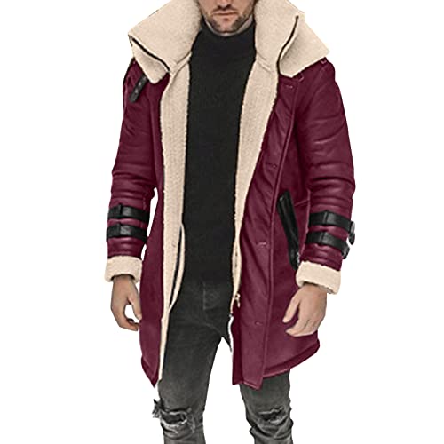 Herren Übergröße Wintermantel Reverskragen Langarm Gepolsterte Lederjacke Vintage Dicker Mantel Schaffell Jacke Daunen Jagdmantel, rot, L von LRWEY