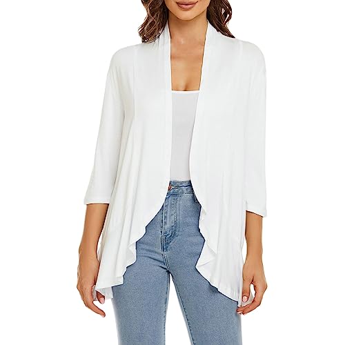 LRWEY Damen Slim Fit Open Front Strickjacke 3/4 Ärmel Leichte Freizeitjacke S-XXL Damen Lang Cardigan Florale Kimono Cardigan Sommer Boho 3/4 Arm Strickjacke Strand Cover Up (New 1-White, M) von LRWEY