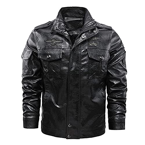 LRWEY Herrenjacke Herbst & Winter Mantel Freizeit Plus Kaschmir Fit Reißverschluss Motorradjacke Kapuze Kunstleder Jacke, schwarz c, XXL von LRWEY