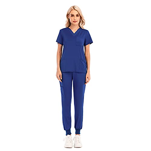 LRWEY Medizinische Anzüge für Damen, kurzärmelig, V-Ausschnitt, Tops + Hose, Krankenschwesteruniform, Arbeitsuniform für Krankenschwester mit Taschen, blau, X-Small von LRWEY