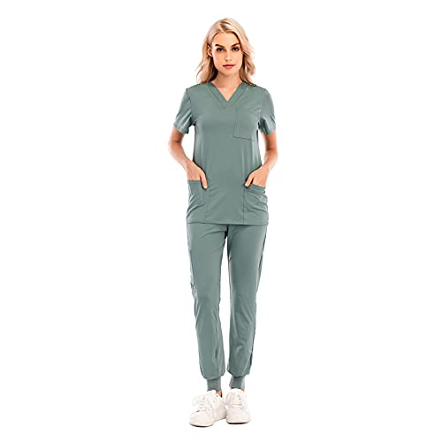 LRWEY Medizinische Anzüge für Damen, kurzärmelig, V-Ausschnitt, Tops + Hose, Krankenschwesteruniform, Arbeitsuniform für Krankenschwester mit Taschen, grau, X-Small von LRWEY