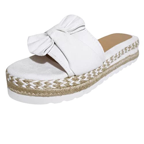 LRWEY Slip On Toe Strandsandalen Flach Atmungsaktiv Schleife Damen Weave Offene Schuhe Sommer Damen Sandalen Glitzernde Sandalen für Frauen Größe 45, weiß, 43.5 EU von LRWEY