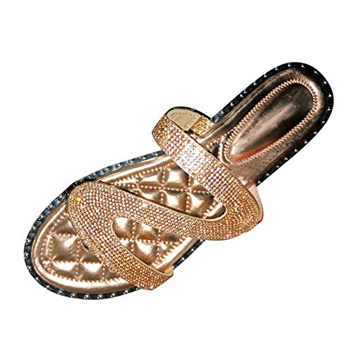 LRWEY Strass Sommer Sandalen Frauen Offene Zehen Slip-On Strand Atmungsaktive Flache Schuhe Damen Sandalen Sandalen für Frauen Casual Sommer Keilabsatz, gold, 42 EU von LRWEY