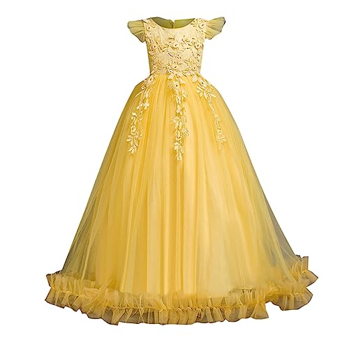 Mädchen Rundhalsausschnitt A-Linie Kleider mit Spitzen Elegant Festlich Freizeit Kleider Mädchen Kleider Festlich Neckholder Strass Prinzessin Kleid Blumenmädchenkleid mit 2 Lage (Yellow, 5-6 Years) von LRWEY