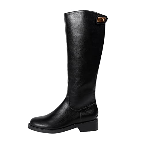 Mode Herbst und Winter Damen Knie Stiefel Niedriger Absatz Dicker Absatz Runde Zehen Einfarbig Schwarz Rücken Reißverschluss Einfache Mode Stiefel für Damen, Schwarz , 38.5 EU von LRWEY