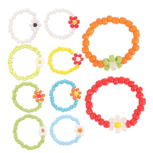 LRXIYODE 10stücke Teiliges Bunter Handgefertigter Bead Für Mädchen Elastische Finger-ringe Mit Bunten Blumen Für Sommer Schmuck Für Damen von LRXIYODE
