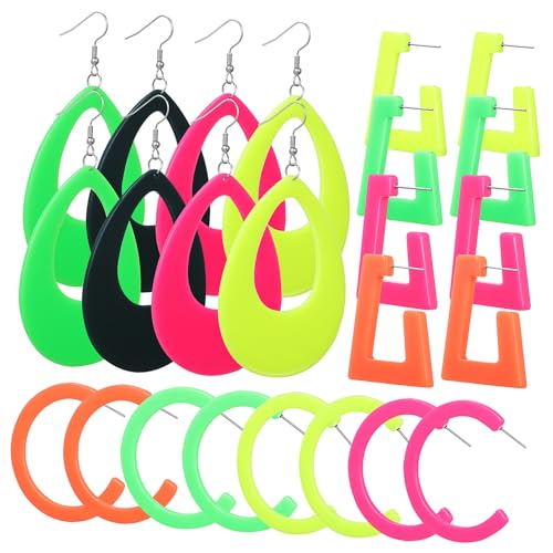 LRXIYODE 12paare Neon-ohrringe Bunte Ohrhänger Geometrische Form Acryl Ohrringe Für Frauen Retro-ohrringe Neon-schmuck von LRXIYODE