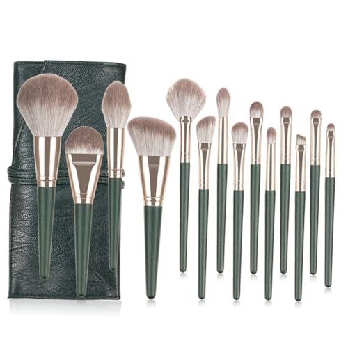 LRXIYODE 14 Stück Teiliges Make Up Pinselset Grün Holzgriff Kosmetikpinsel Set mit Aufbewahrungstasche für Damen Dichte Feine Borsten für Foundation Puder und Lidschatten Leicht zu von LRXIYODE