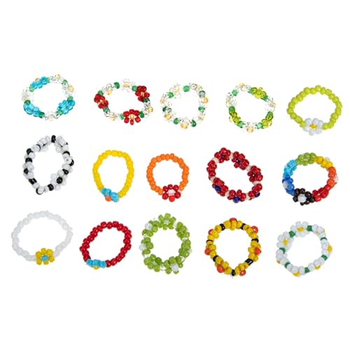 LRXIYODE 15stücke Teiliges Blumenperlen-ringe Für Frauen Ästhetische Finger-ringe Bunten Designs Elastische Schmuckstücke Für Jugendliche Und Damen Für Jeden Anlass von LRXIYODE